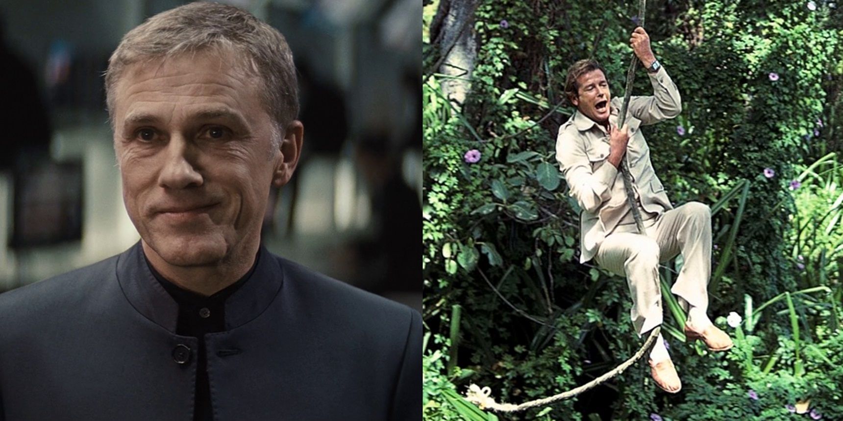 Split image of Christoph Waltz in Spectre and Roger Moore in Octopussy