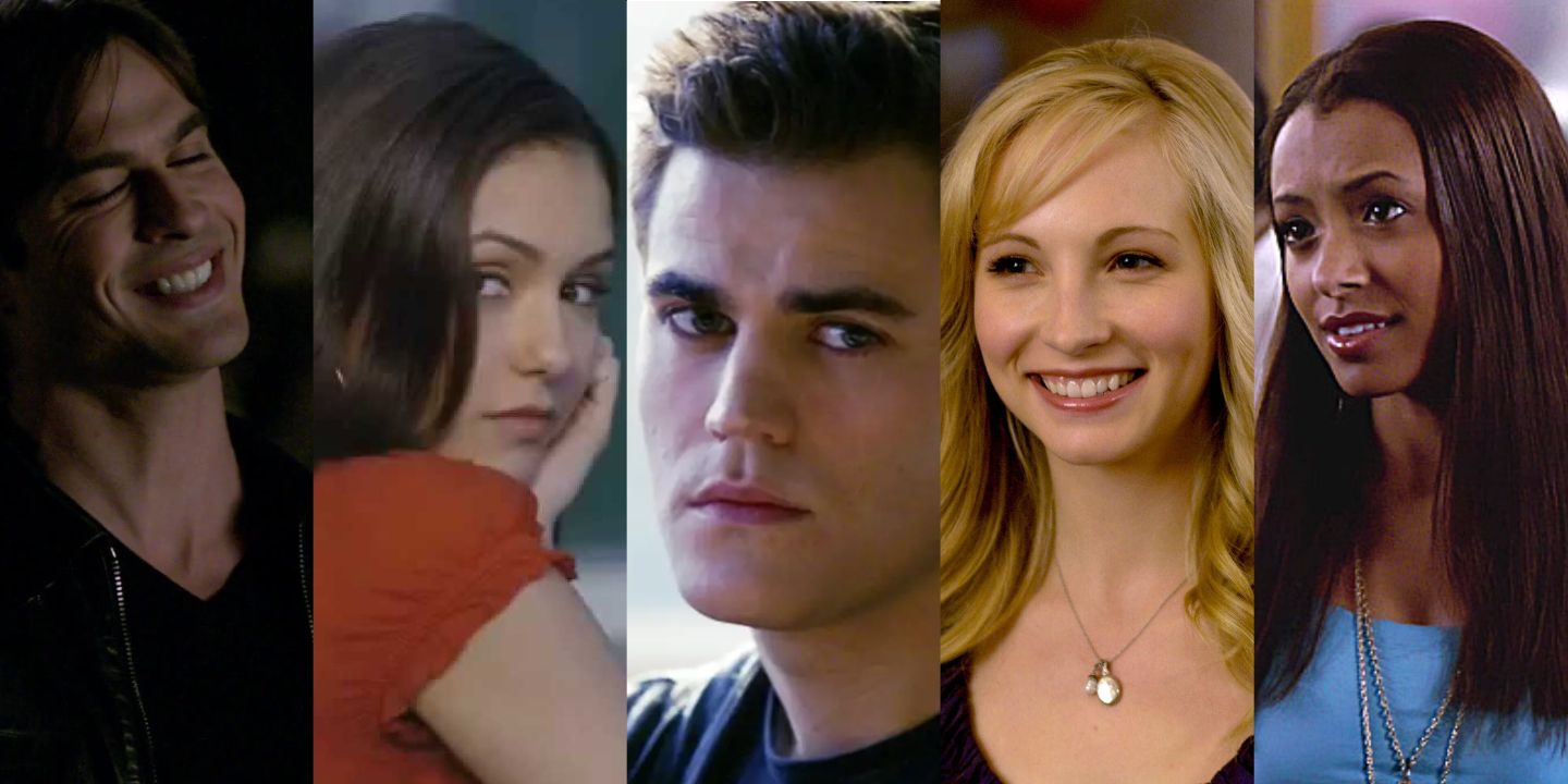 Split image of Damon, Elena, Stefan, Caroline, and Bonnie