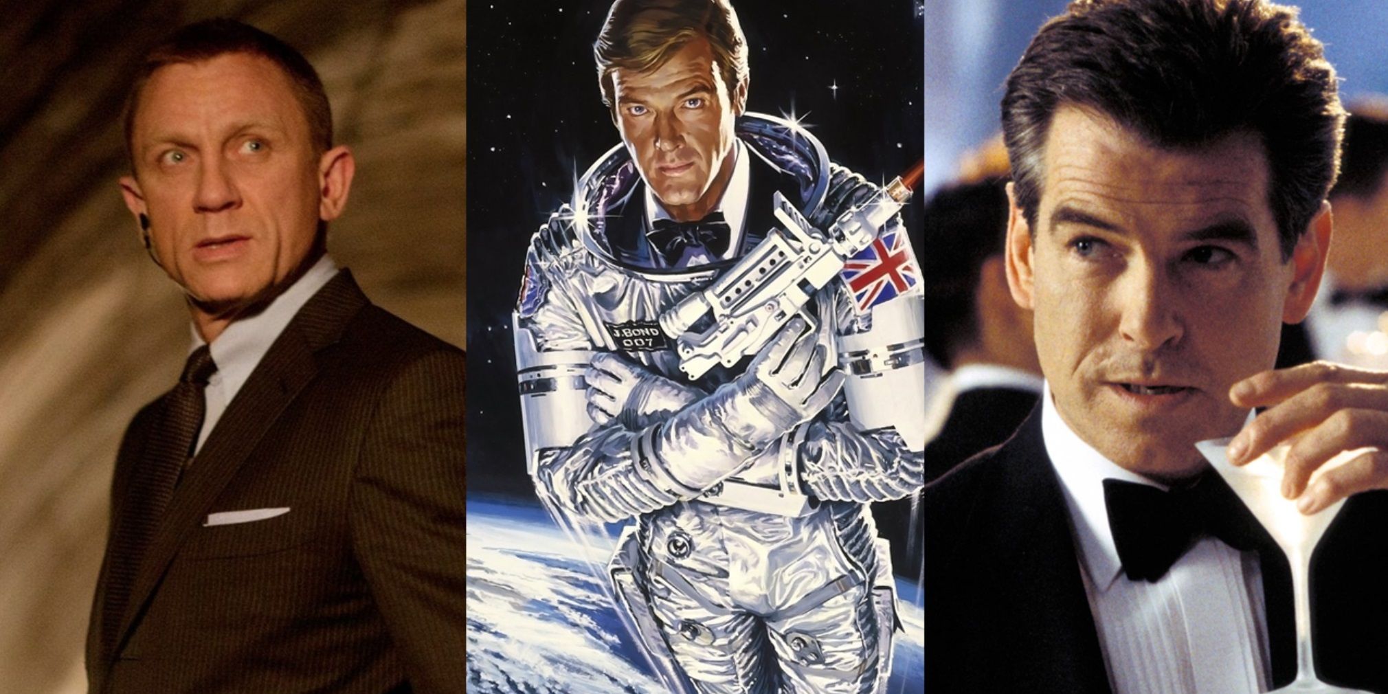 Split image of Daniel Craig in Skyfall, Roger Moore in Moonraker, and Pierce Brosnan in Die Another Day