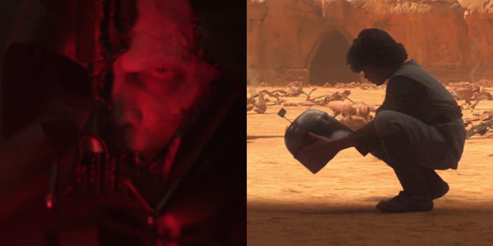 Split image of Darth Vader in Obi-Wan Kenobi and Boba Fett in Attack of the Clones