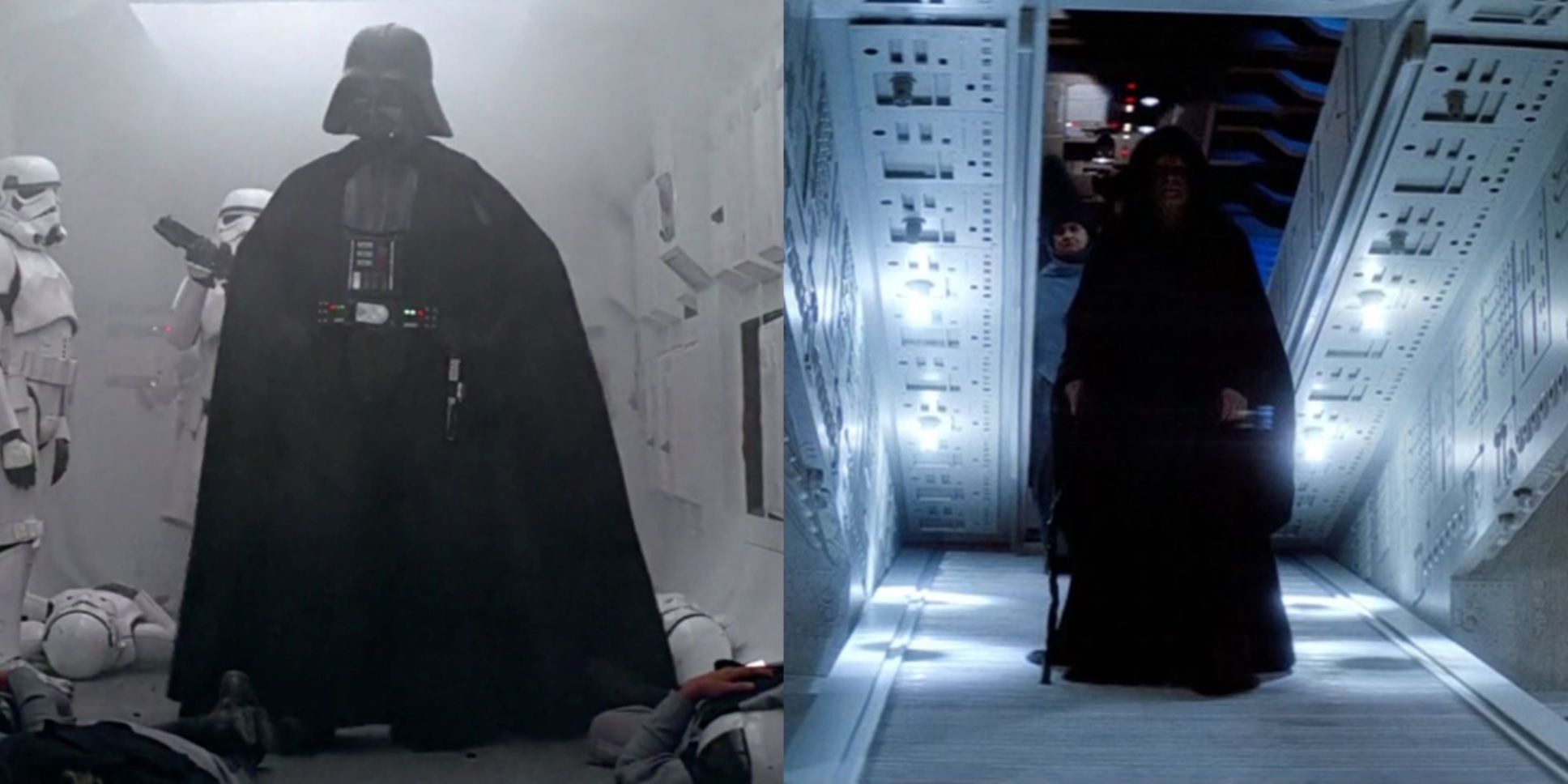 Split image of Darth Vader in Star Wars and the Emperor in Return of the Jedi