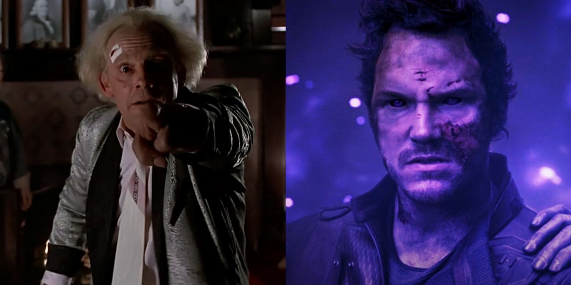 Split image of Doc Brown in Back to the Future and Peter Quill in Guardians of the Galaxy