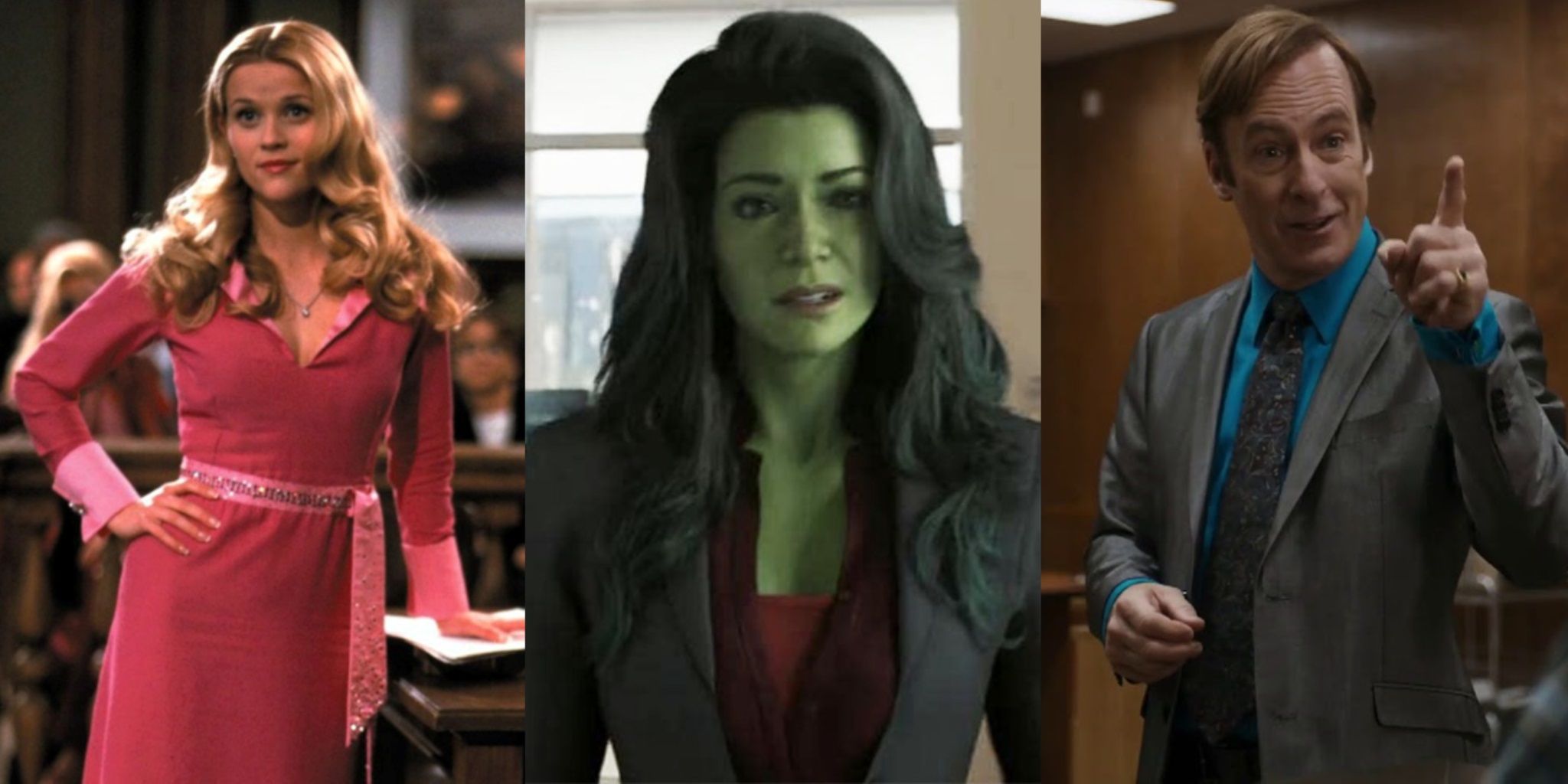Split image of Elle in Legally Blonde, Jen in She-Hulk, and Jimmy in Better Call Saul