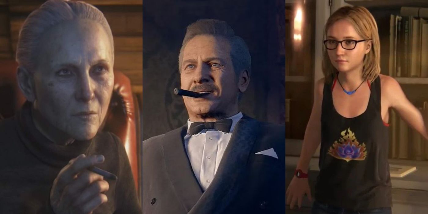 Split image of Evelyn, Sully, and Cassie in Uncharted 4