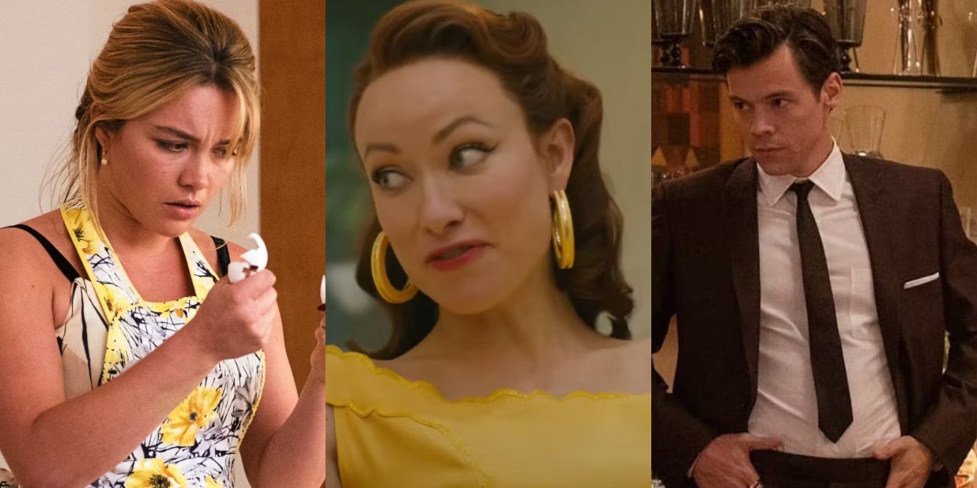 Split image of Florence Pugh, Olivia Wilde, and Harry Styles in Don't Worry Darling