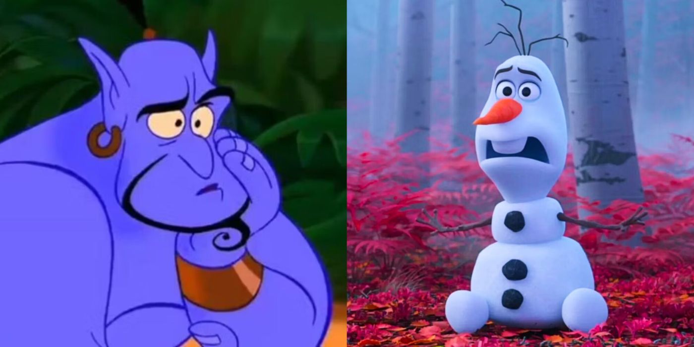 Split image of Genie in Aladdin and Olaf in Frozen