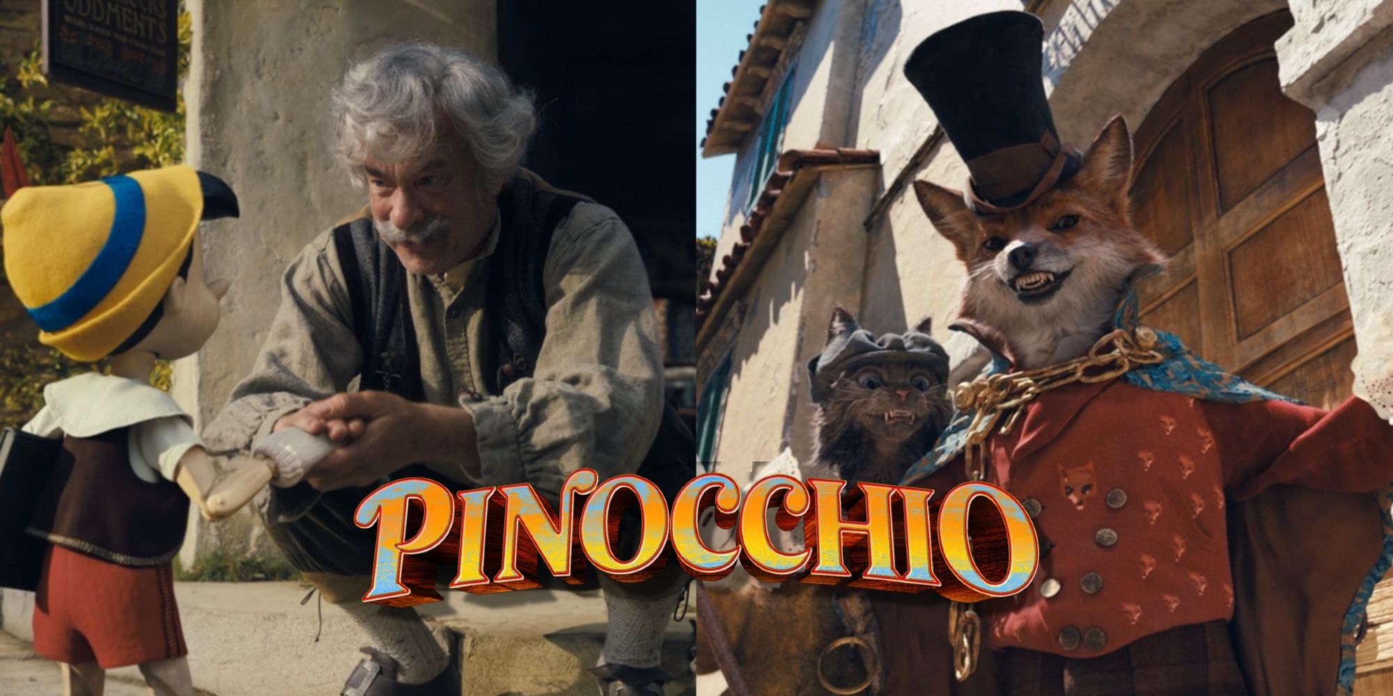 Split image of Geppetto, Pinocchio, Honest John, and Gideon from Pinocchio (2022)