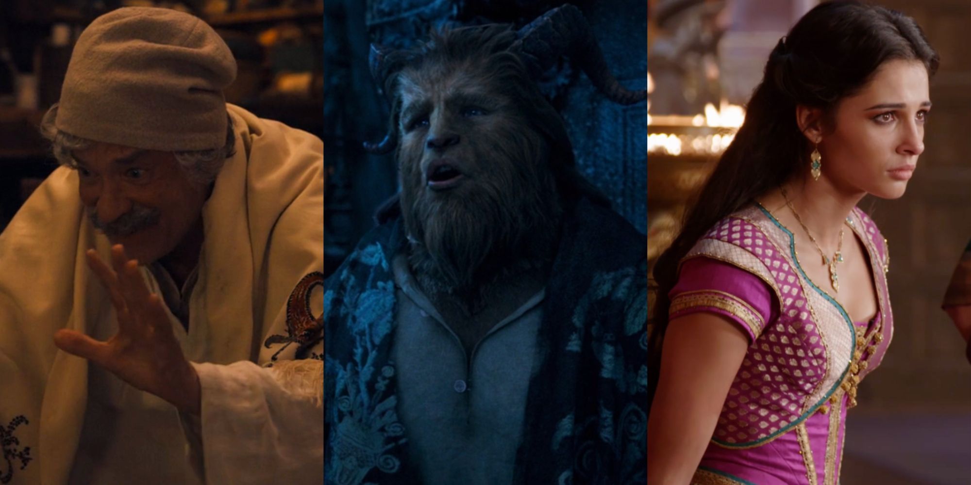 Split image of Geppetto, The Beast, and Jasmine from the live-action Disney remakes