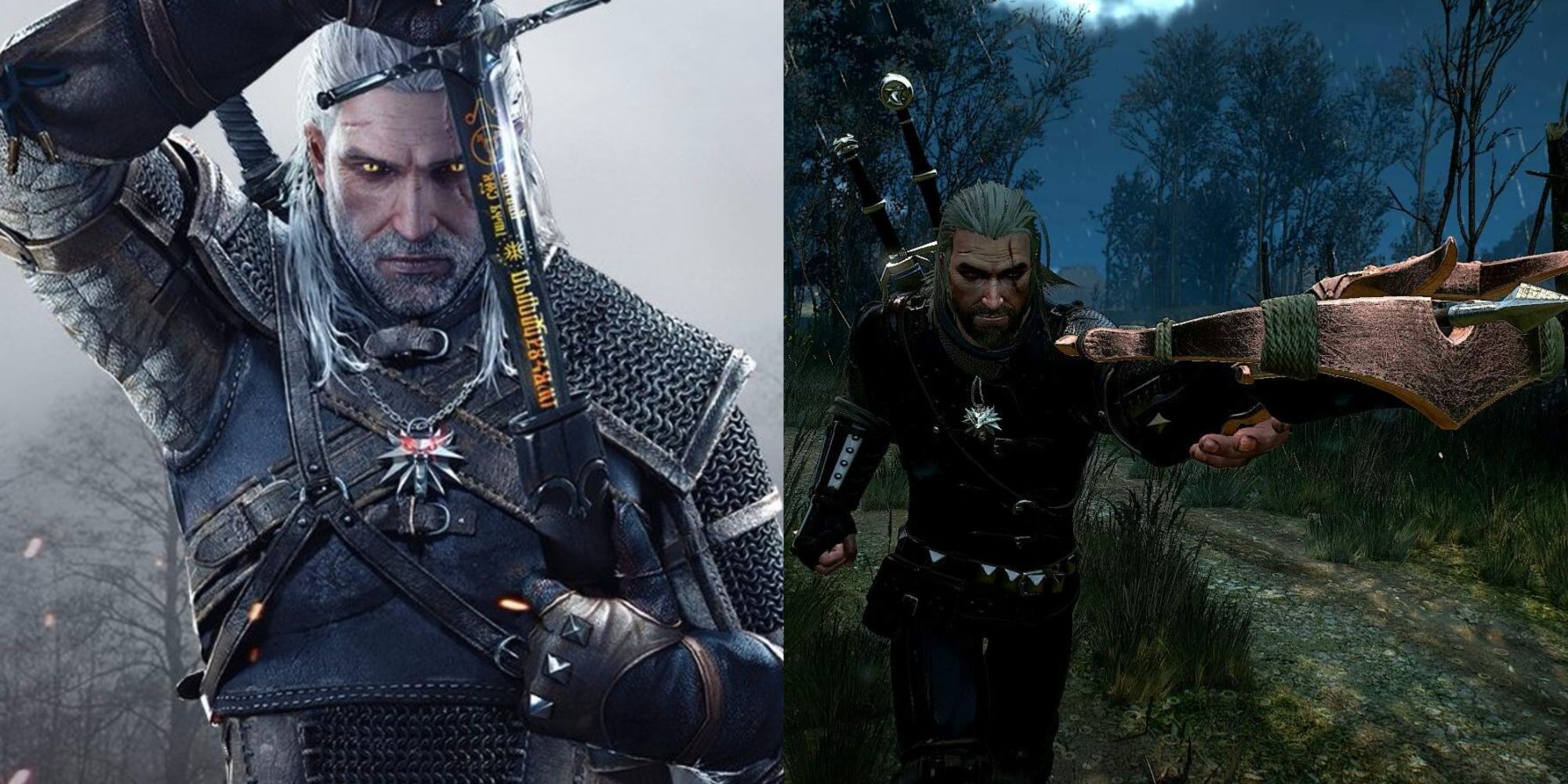 Split image of Geralt with a sword and crossbow in The Witcher 3