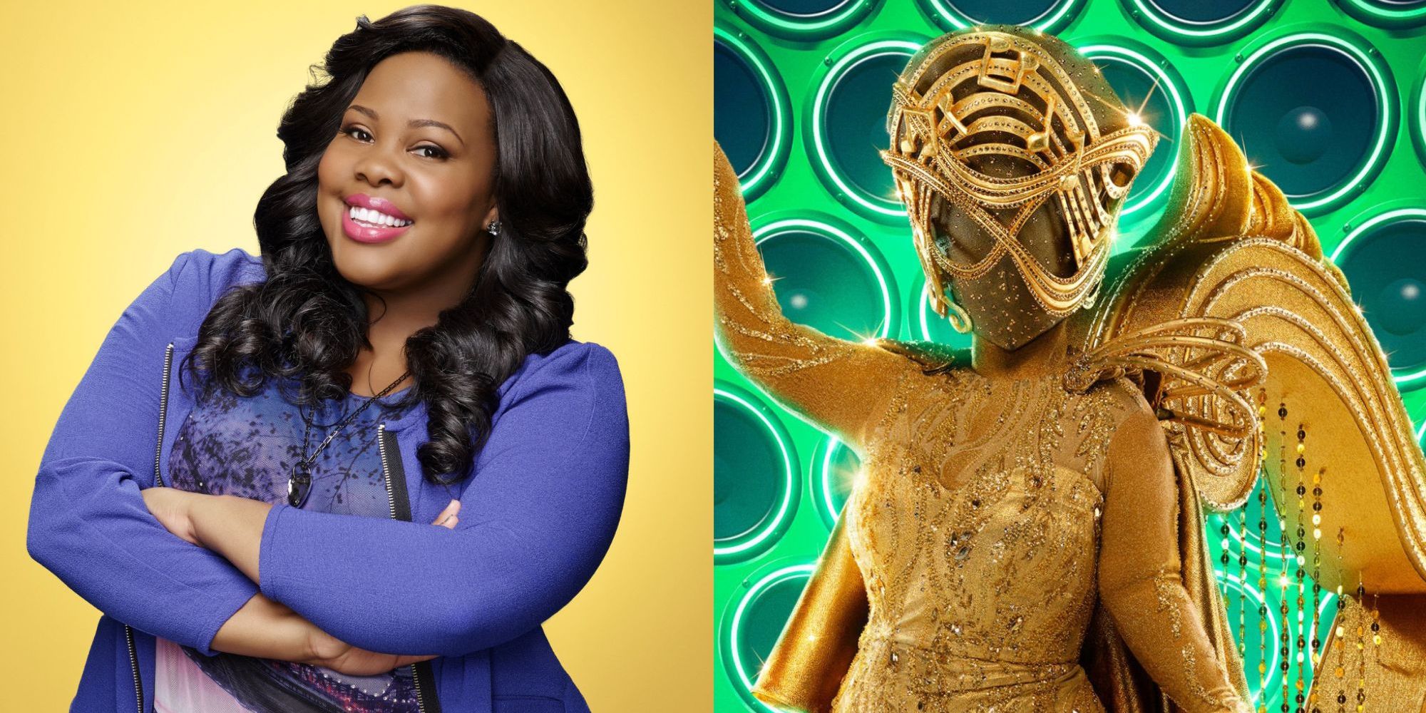 Split image of Glee actress Amber Riley and The Masked Singer contestant Harp