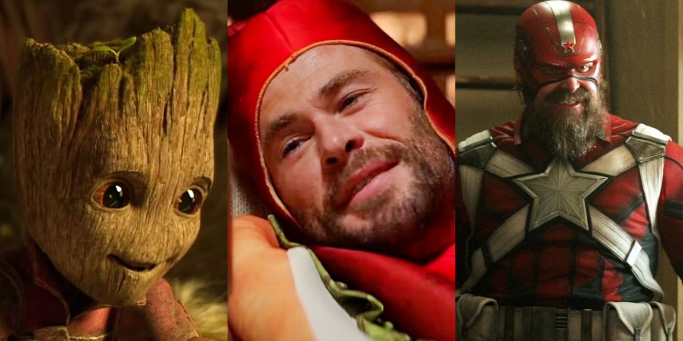 Split image of Groot in Guardians of the Galaxy 2, Thor in Love and Thunder, and Red Guardian in Black Widow