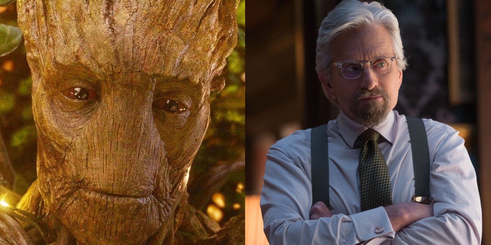Split image of Groot's death in Guardians of the Galaxy and Hank Pym with his arms crossed in Ant-Man
