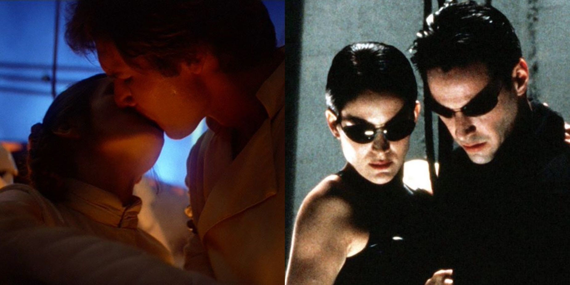 Split image of Han and Leia in The Empire Strikes Back and Neo and Trinity in The Matrix