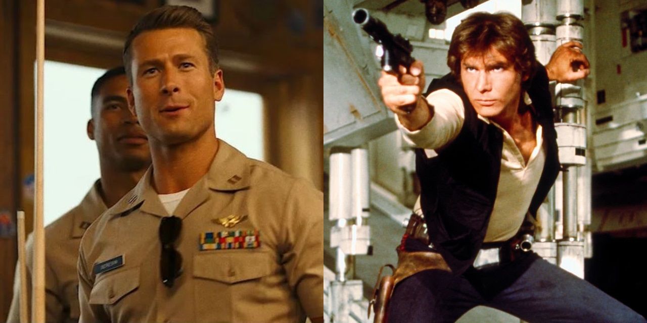 Imagem dividida de Hangman em Top Gun Maverick e Han Solo em Star Wars