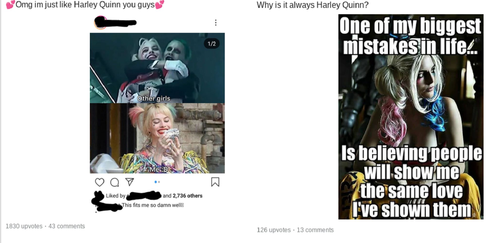 Split image of Harley Quinn character memes
