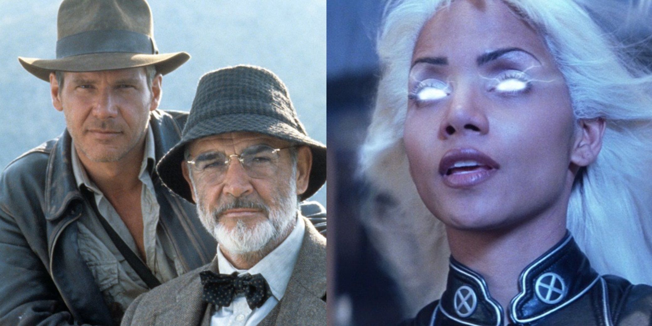 Split image of Harrison Ford and Sean Connery in Indiana Jones and the Last Crusade and Halle Berry in X2