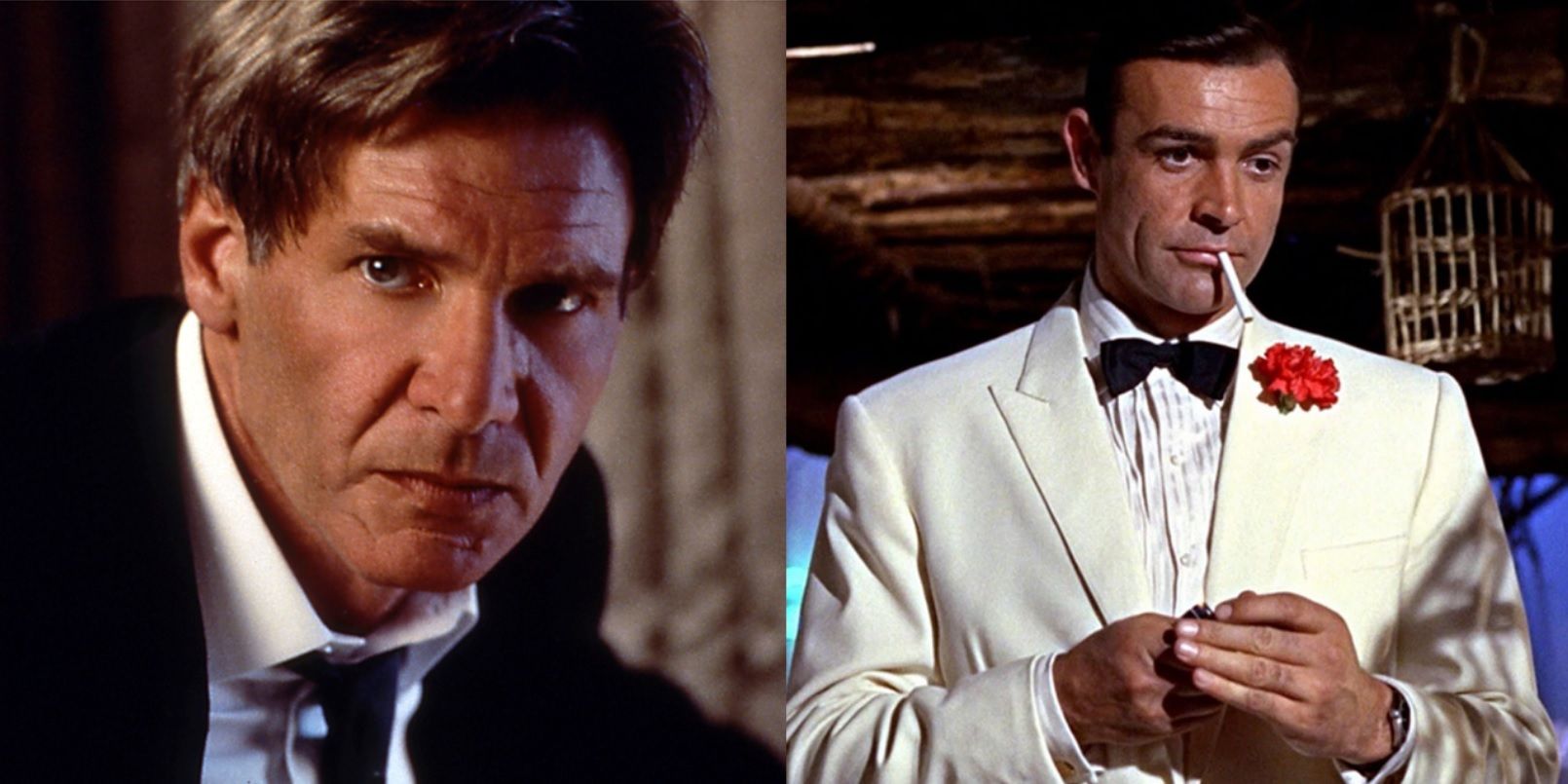 Split image of Harrison Ford in Air Force One and Sean Connery in Goldfinger