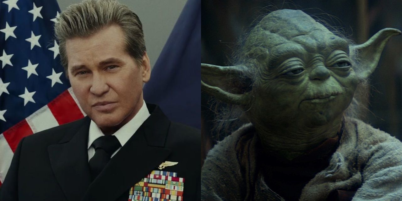 Imagem dividida de Iceman em Top Gun Maverick e Yoda em The Empire Strikes Back