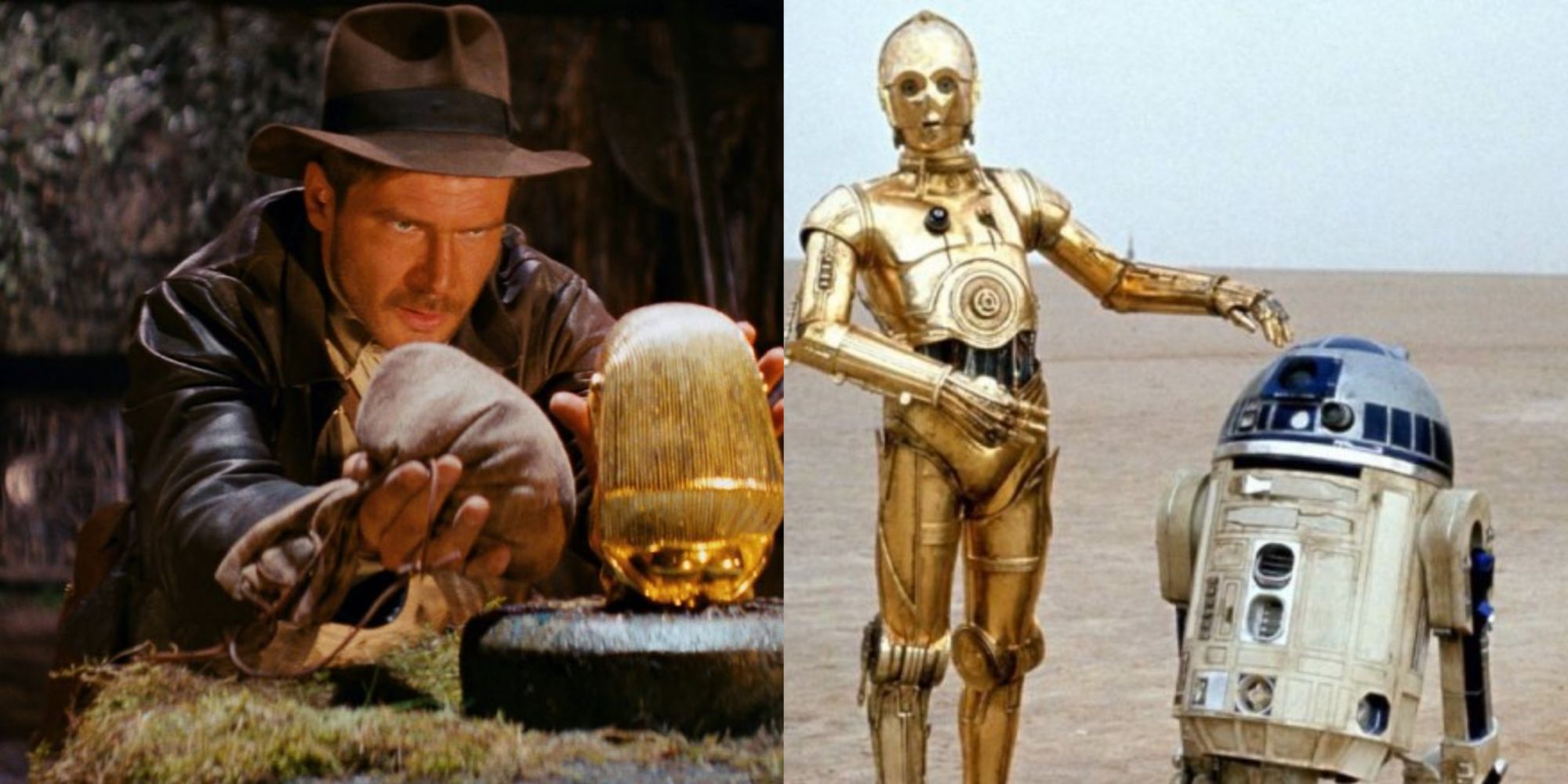 Raiders Of The Lost Ark のインディアナ・ジョーンズと A New Hope の C-3P0 と R2-D2 の分割画像