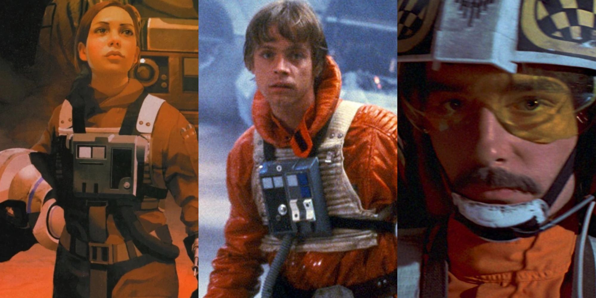 Split image of Jaina Solo, Luke Skywalker and Biggs Darklighter in flight suits in Star Wars