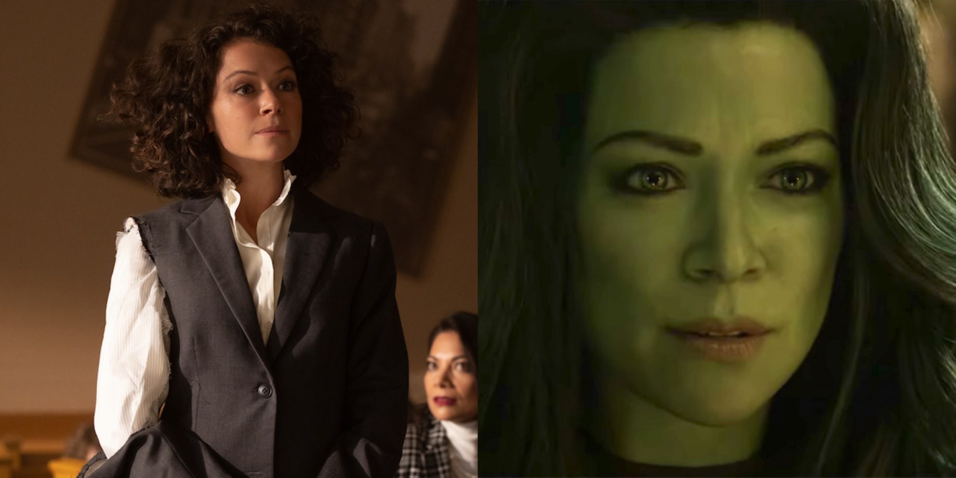 Split image of Jen in court and She-Hulk looking intense in She-Hulk Attorney at Law