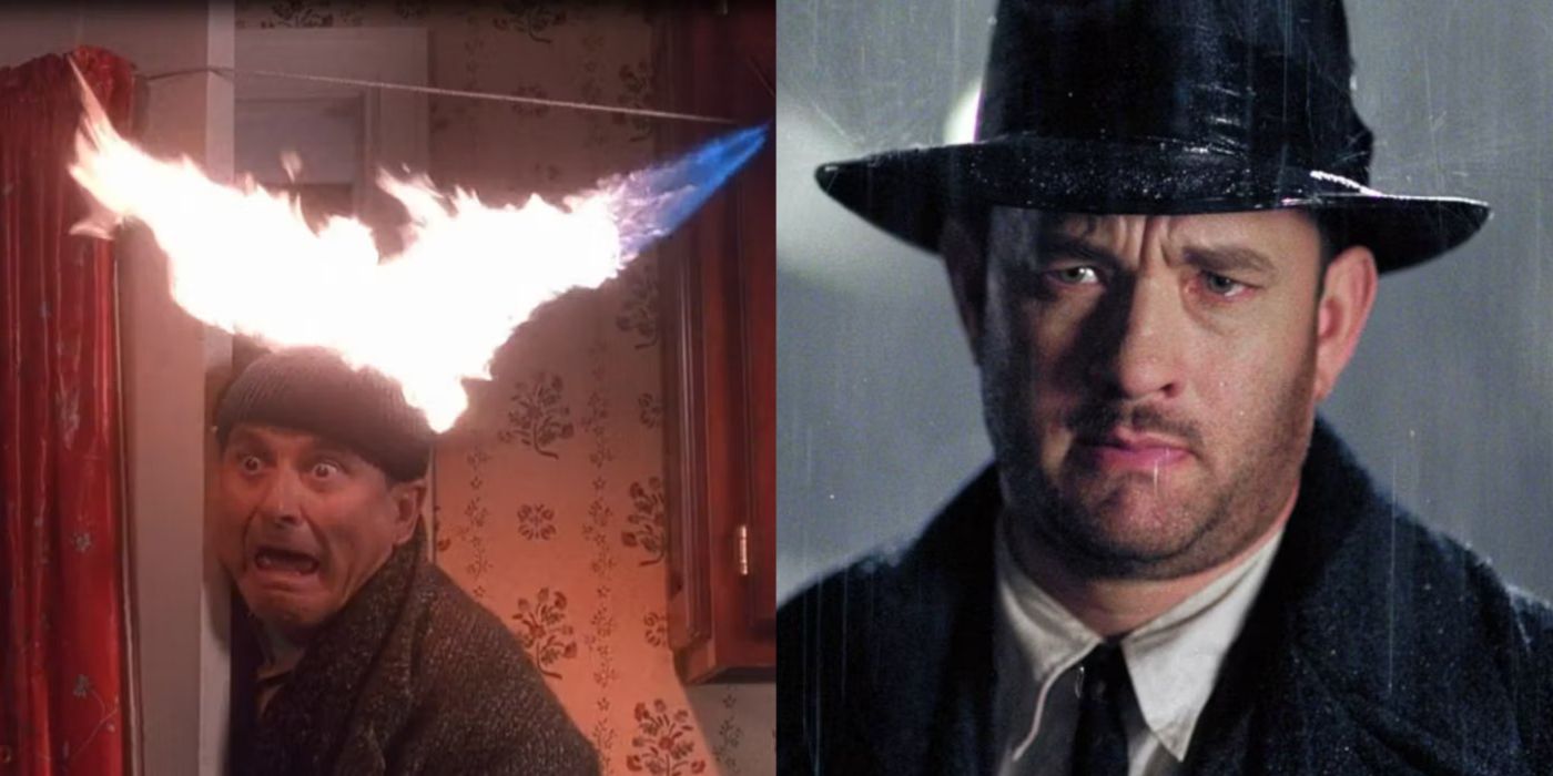 Split image of Joe Pesci in Home Alone and Tom Hanks in Road to Perdition