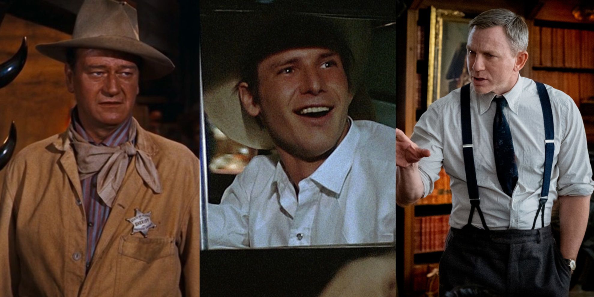 Split image of John Wayne in Rio Bravo, Harrison Ford in American Graffiti, and Daniel Craig in Knives Out