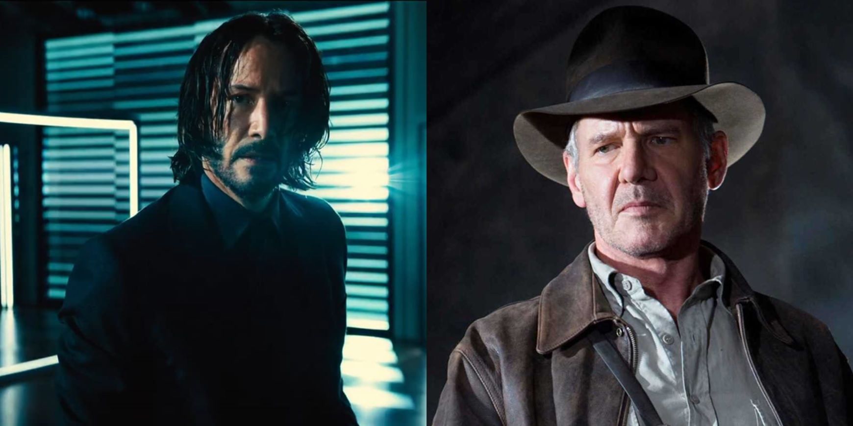 Split image of Keanu Reeves as John Wick and Harrison Ford as Indiana Jones