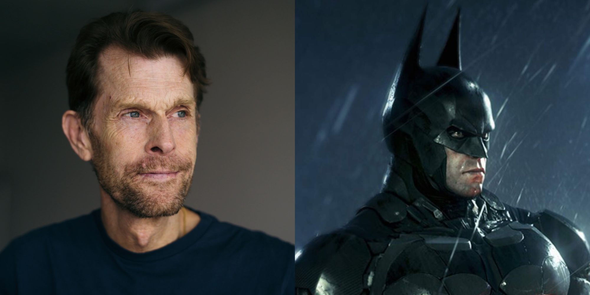 Imagem dividida de Kevin Conroy e Batman em Batman Arkham Knight