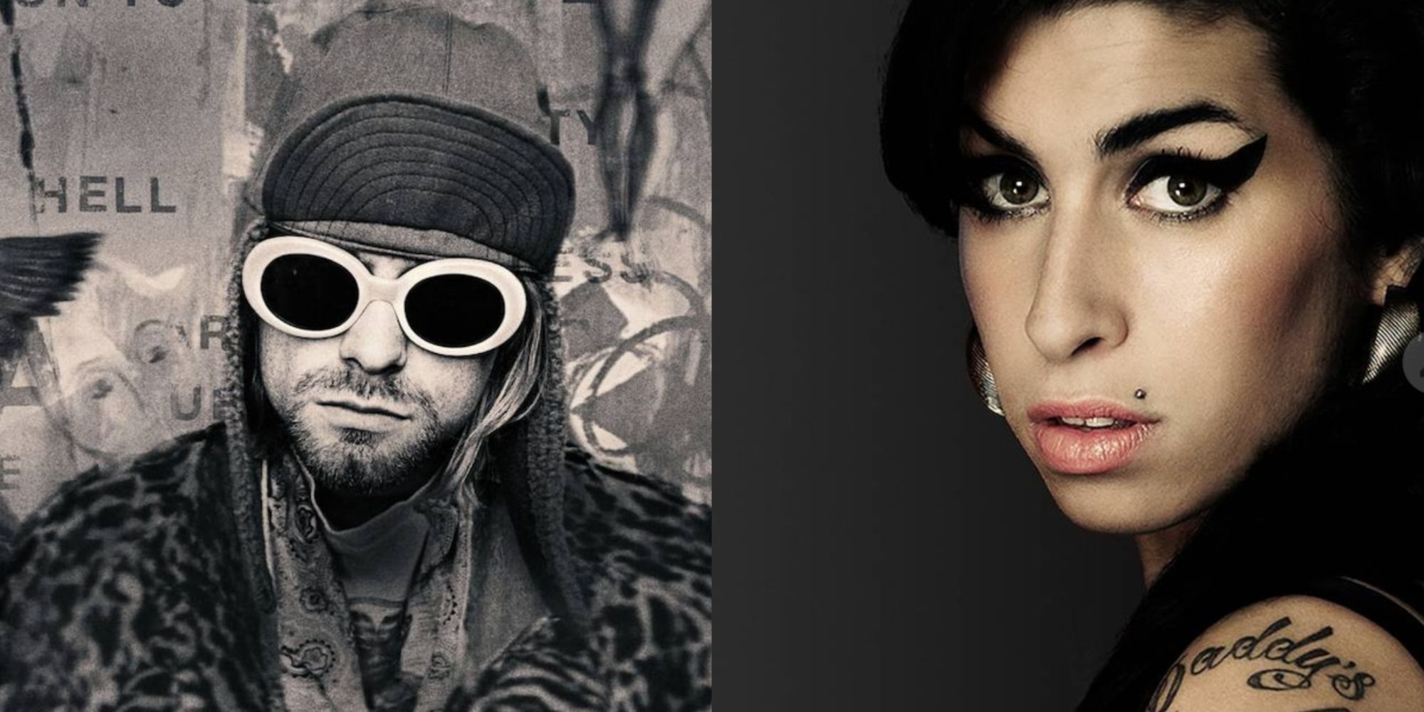 Split image of Kurt Cobain and Amy Winehouse