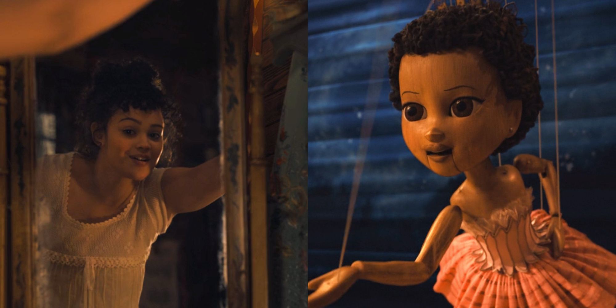 Split image of Kyanne Lamaya as Fabiana and Sabina singing I Will Always Dance in Pinocchio (2022)