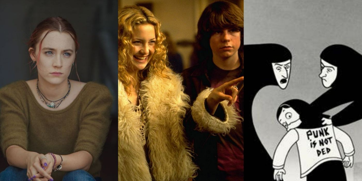 Split image of Lady Bird, Almost Famous, and Persepolis
