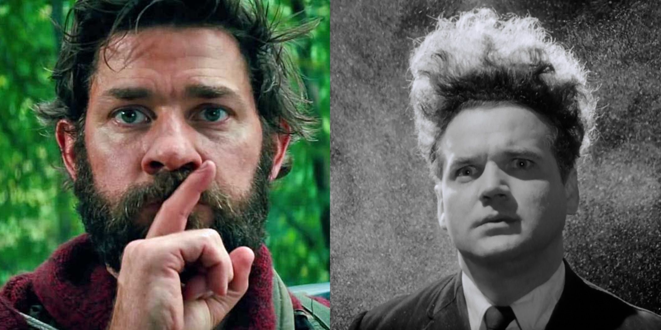 Split image of Lee in A Quiet Place and Henry in Eraserhead