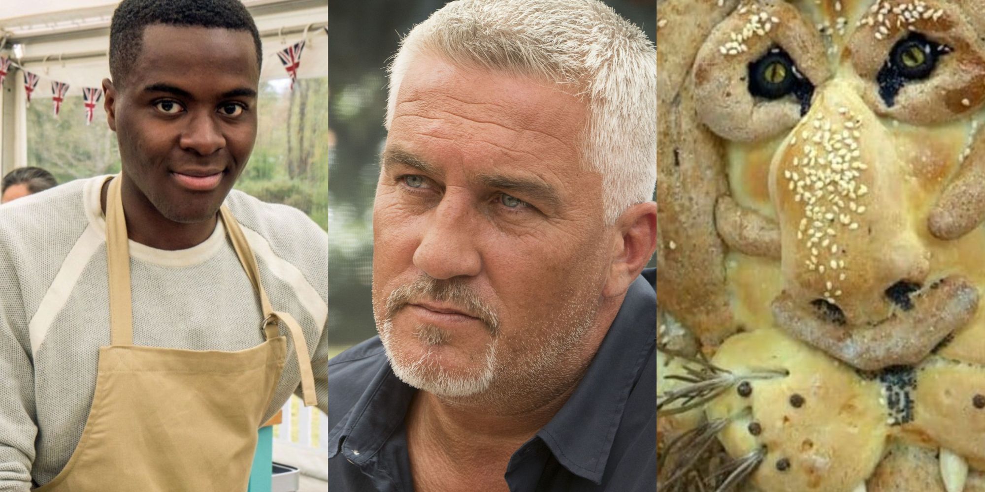 Split image of Liam, Paul and a bread lion in Bake Off