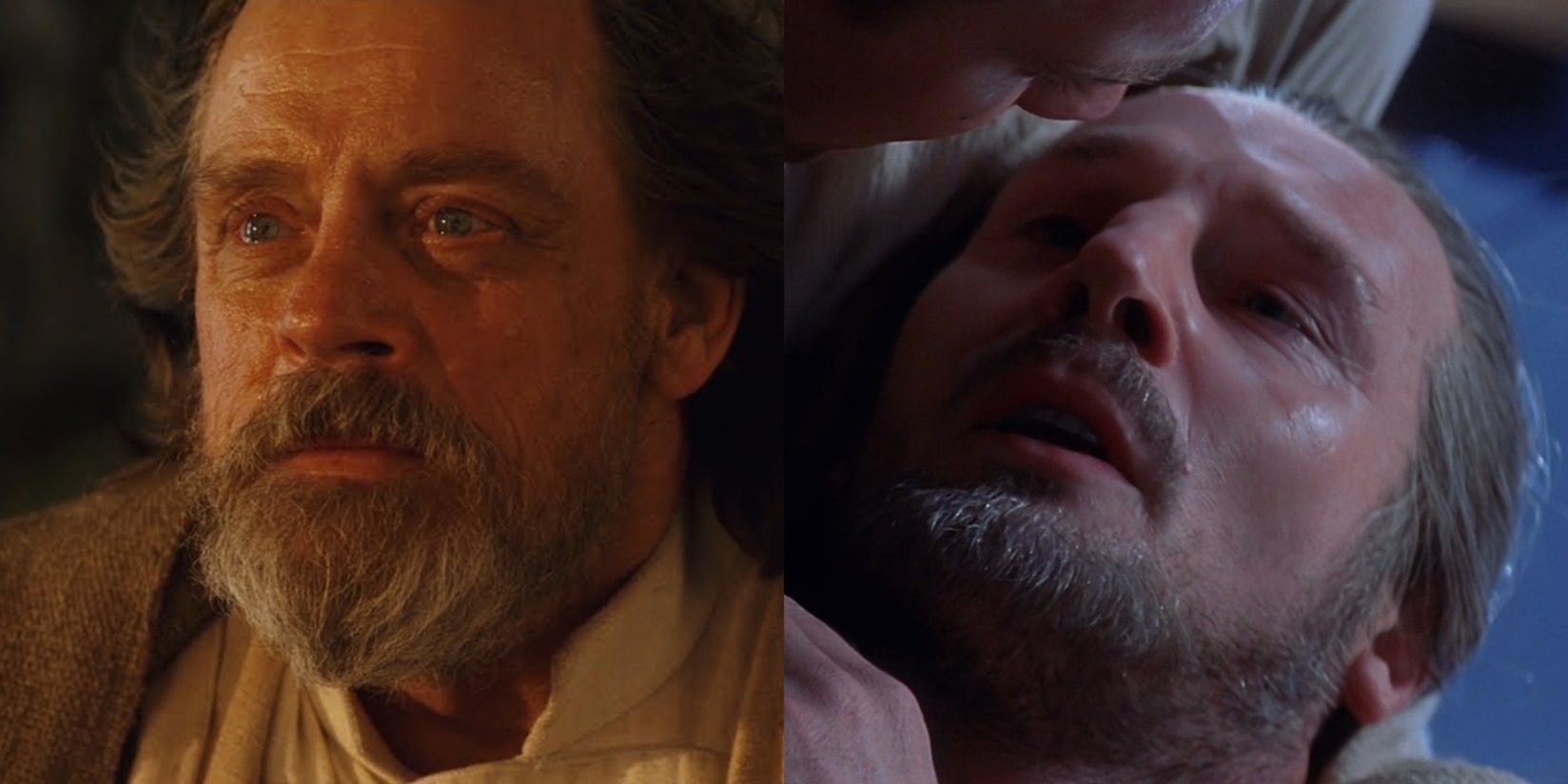 Split image of Luke Skywalker dying in The Last Jedi and Qui-Gon dying in The Phantom Menace