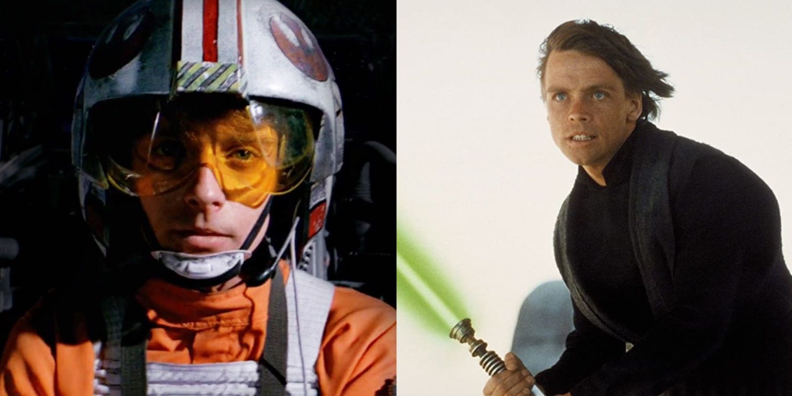 Split image of Luke Skywalker piloting an X-wing and using a green lightsaber