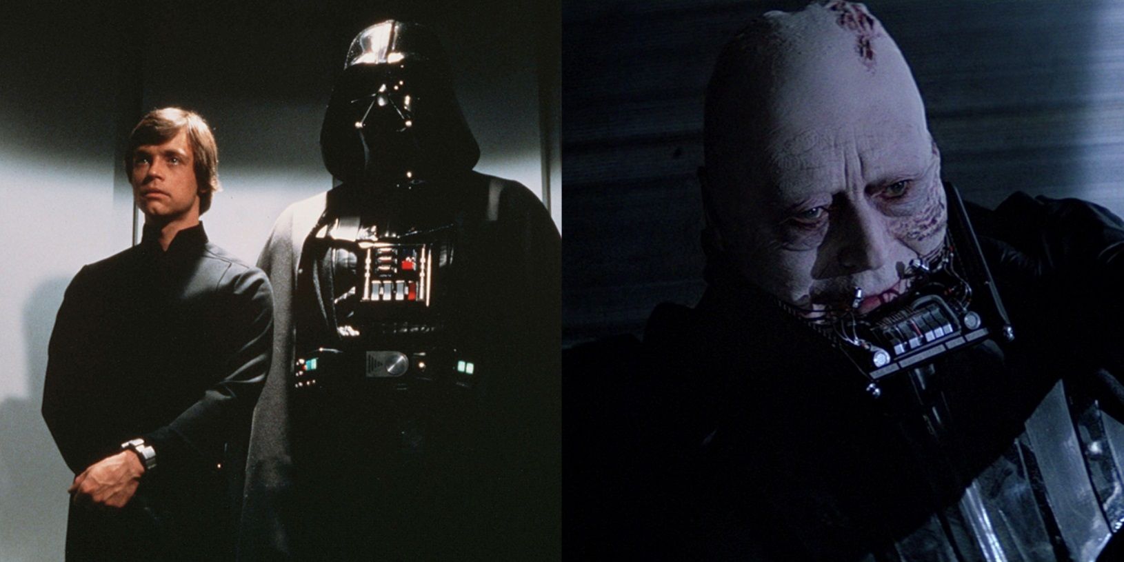 Split image of Luke and Vader in an elevator and Anakin unmasked in Return of the Jedi