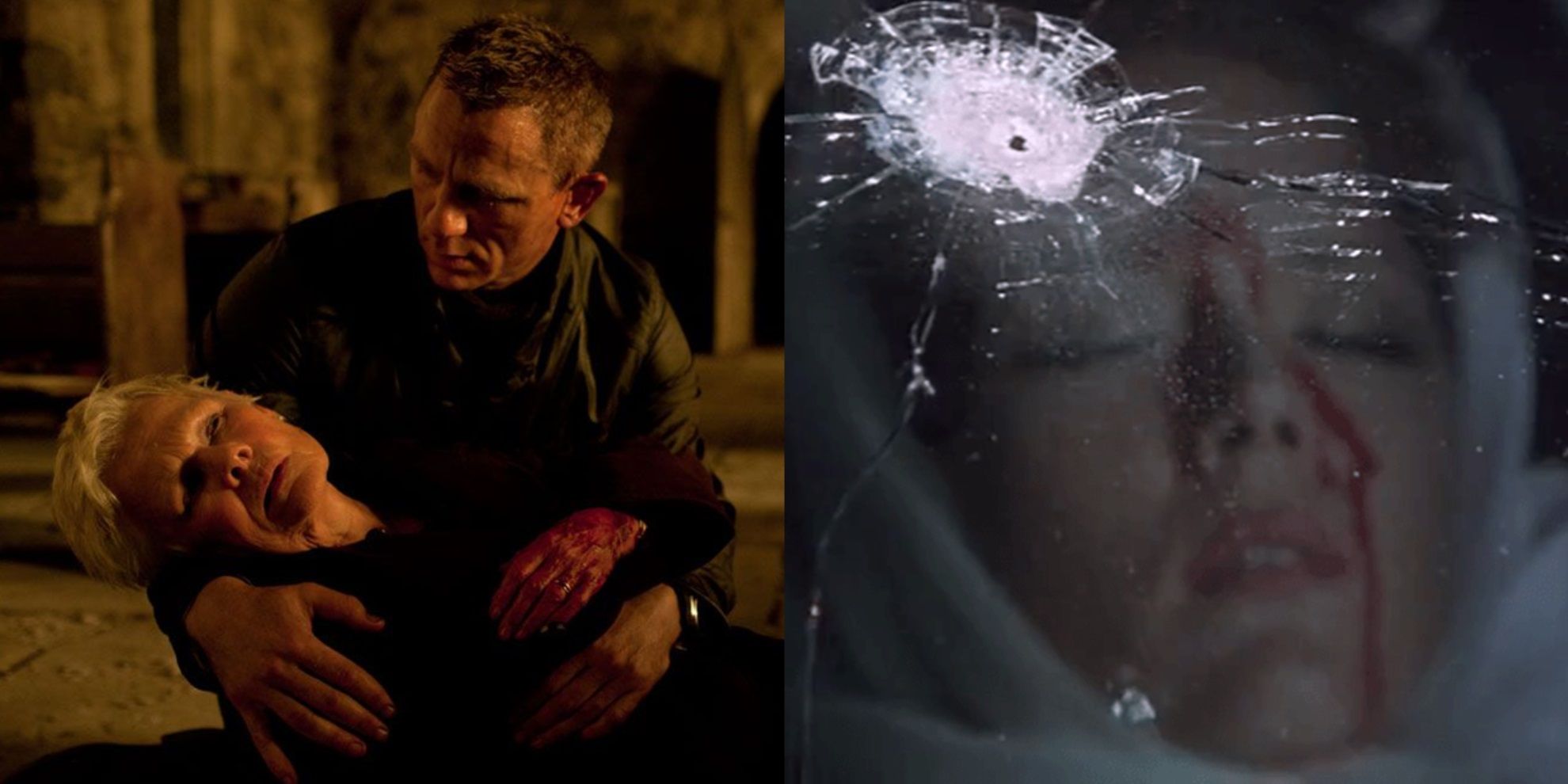 Split image of M dying in Skyfall and Tracy Bond dying in On Her Majesty's Secret Service