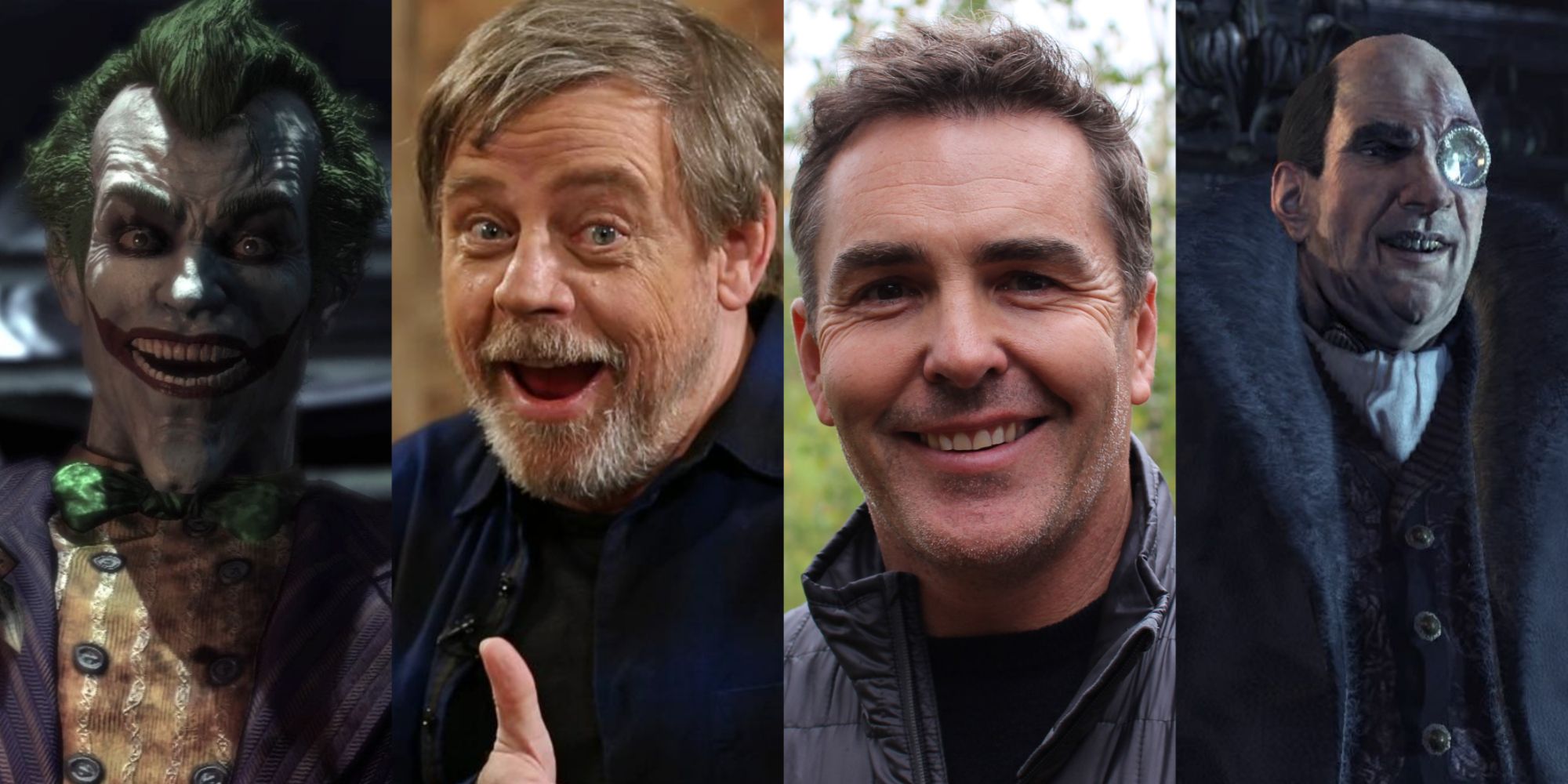 Split image of Mark Hamill, Nolan North, and their characters from the Batman Arkham franchise