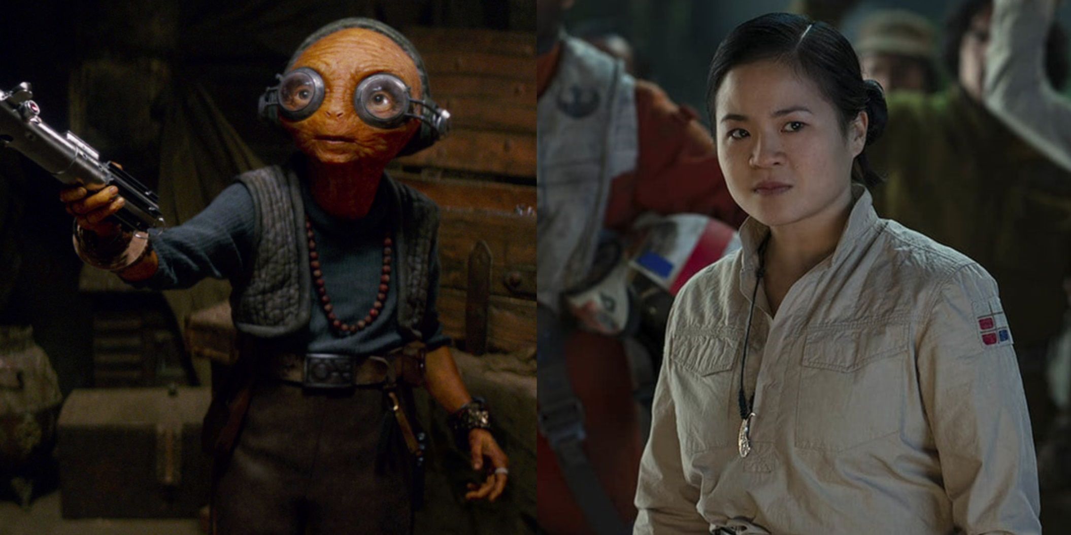 Split image of Maz Kanata in The Force Awakens and Rose Tico in The Rise of Skywalker