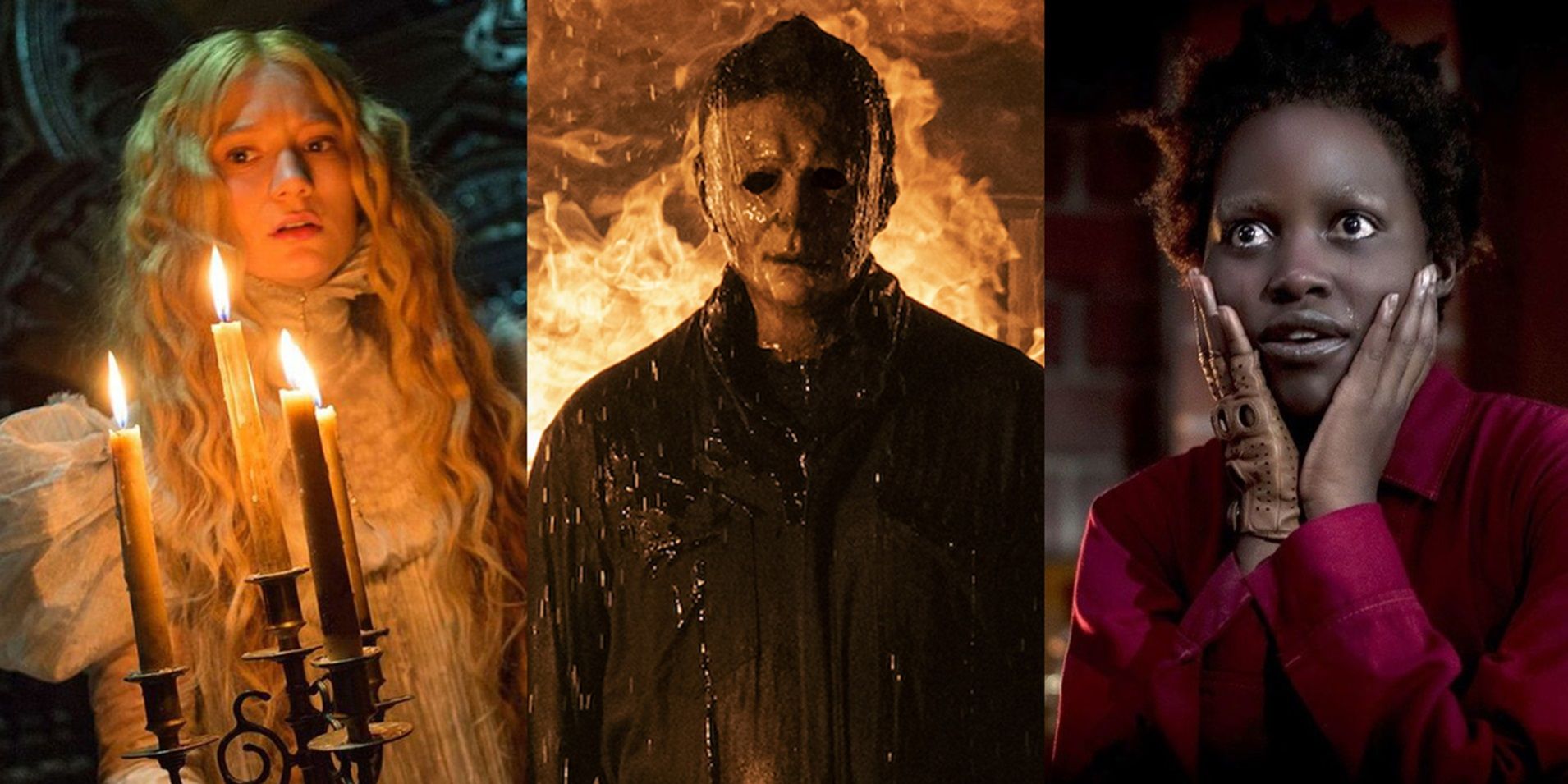 Split image of Mia Wazikowska in Crimson Peak, Michael Myers in Halloween Kills, and Red in Us
