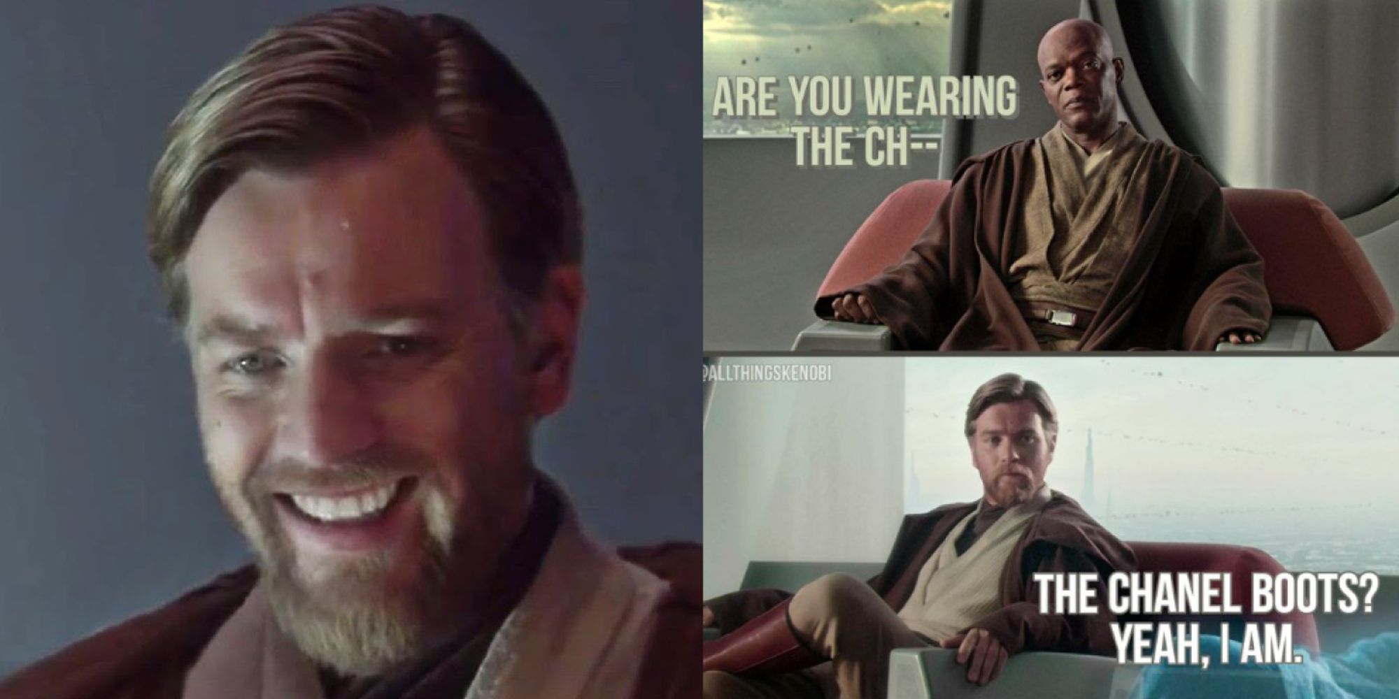 Split image of Obi-Wan Kenobi smiling and Obi-Wan Kenobi character meme