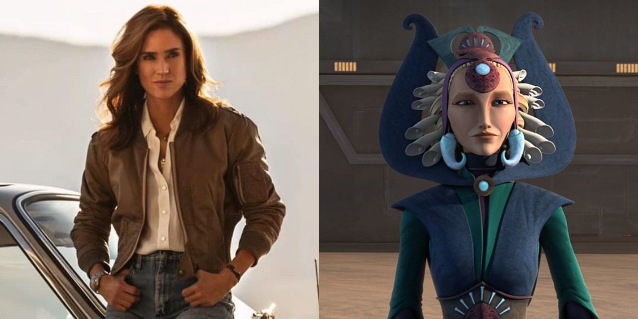 Imagem dividida de Penny em Top Gun Maverick e Satine em Star Wars