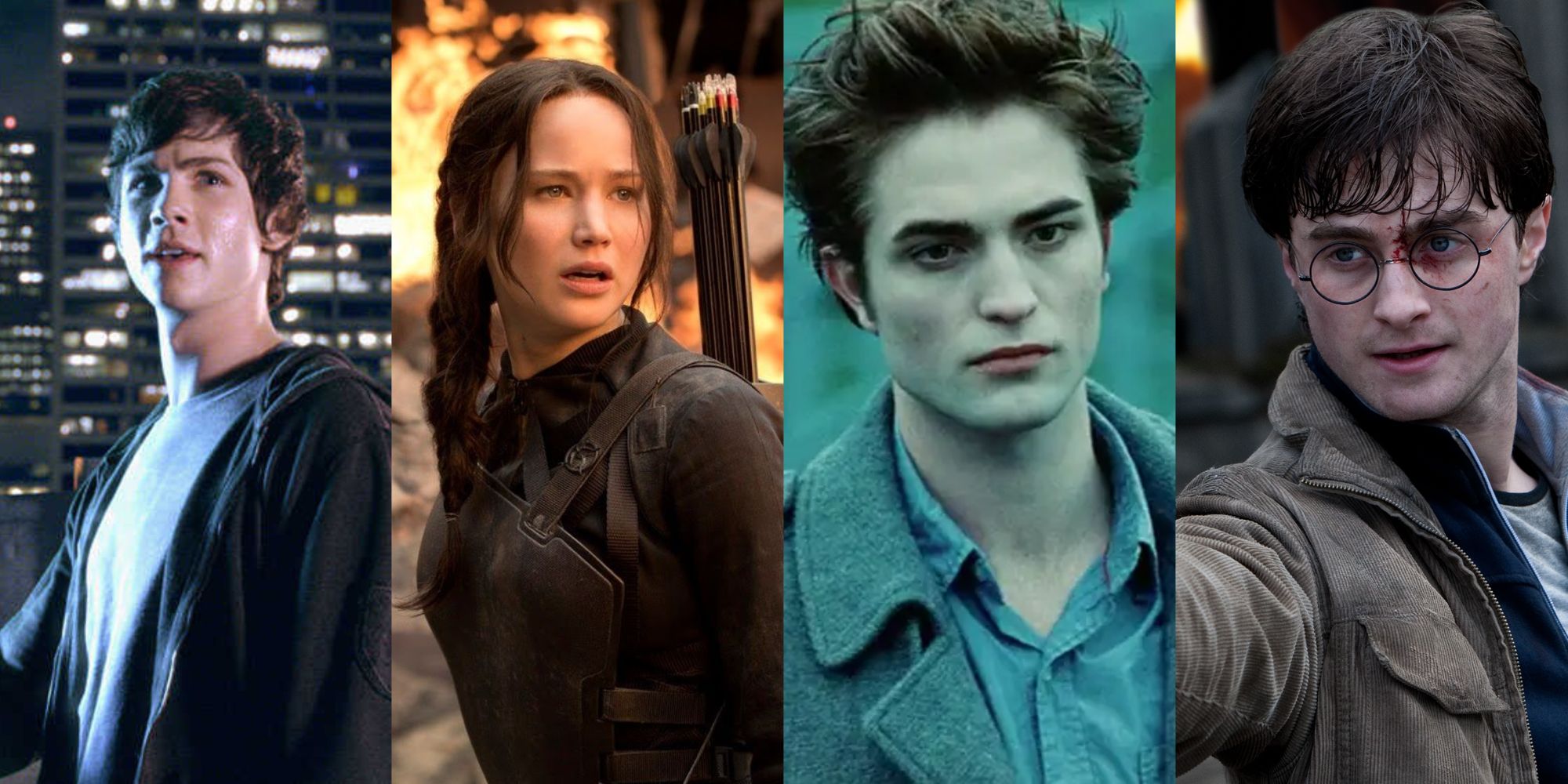 Split image of Percy Jackson, Katniss Everdeen, Edward Cullen, and Harry Potter