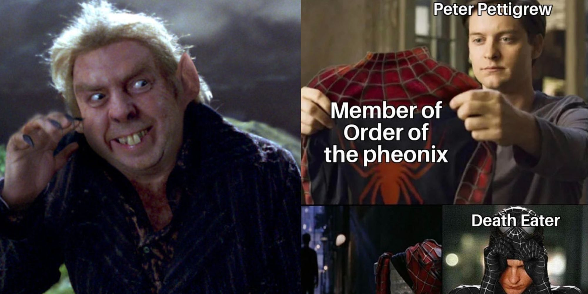 Split image of Peter Pettigrew smiling in PoA and a meme about him becoming a Death Eater