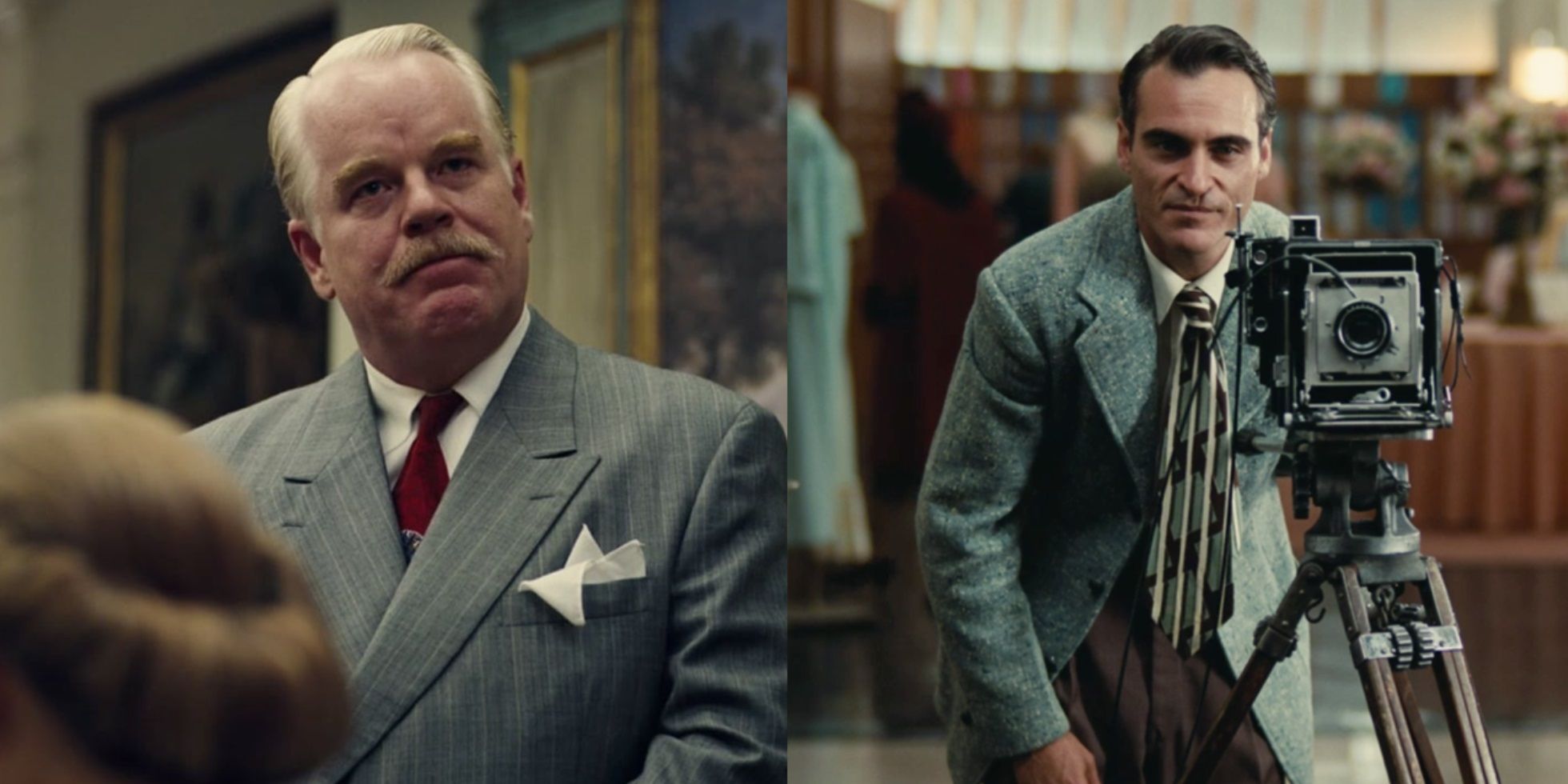 Split image of Philip Seymour Hoffman and Joaquin Phoenix in The Master