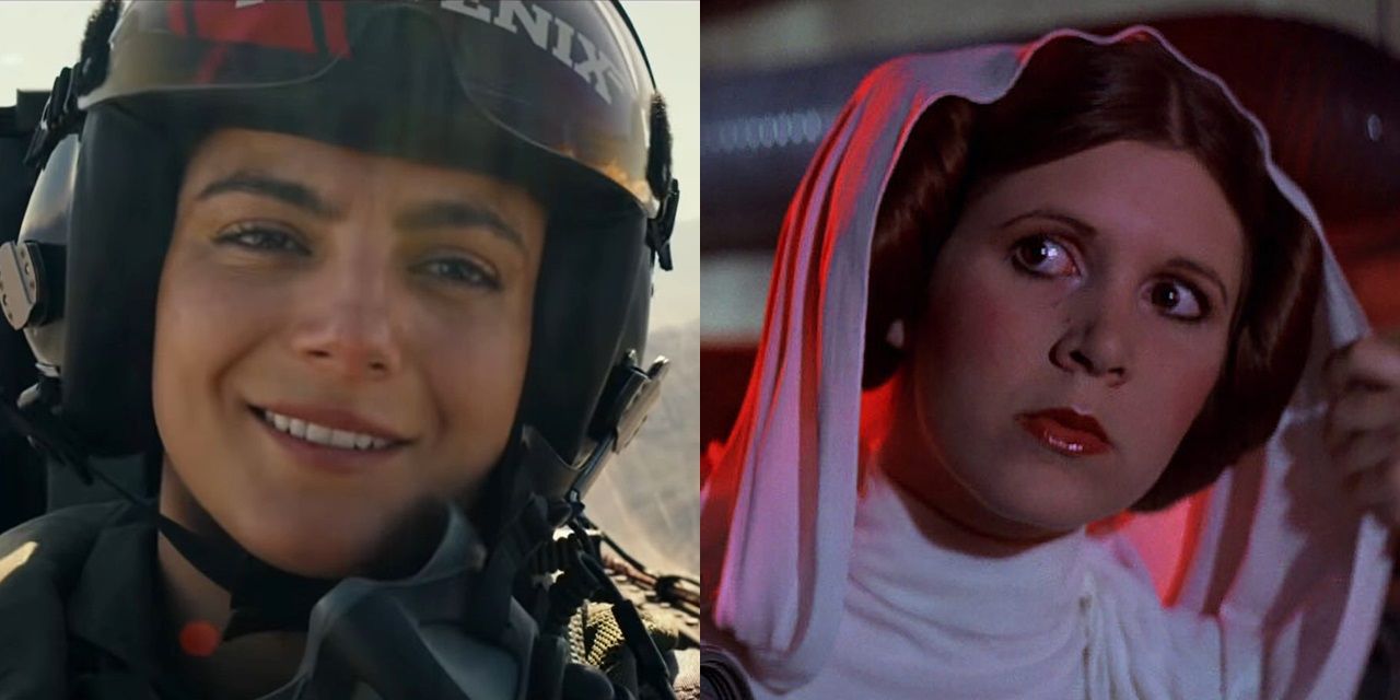 Imagem dividida de Phoenix em Top Gun Maverick e Leia em Star Wars