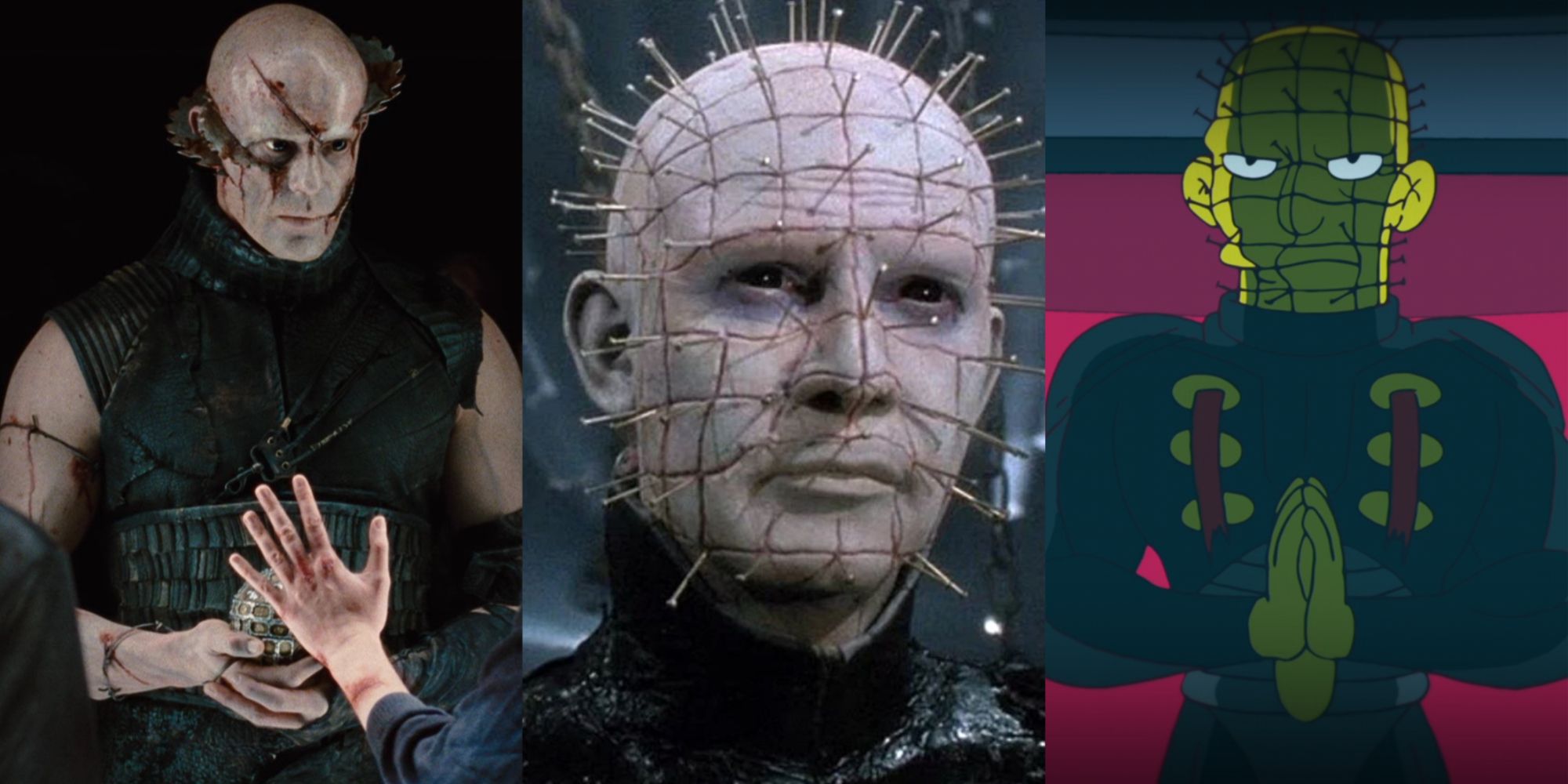 Split image of Pinhead the Hell Priest in Hellraiser, The Simpsons, and his analog in The Cabin In The Woods