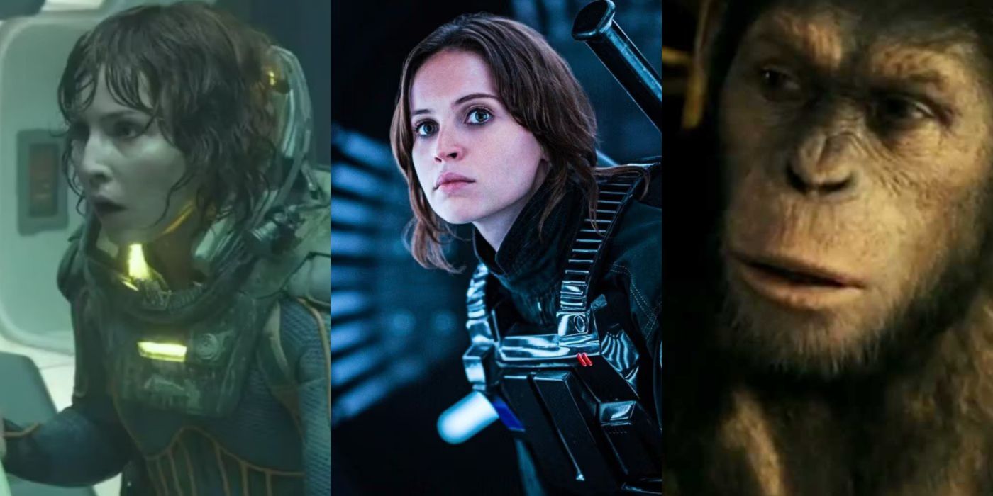 Split image of Prometheus, Rogue One, and Rise of the Planet of the Apes
