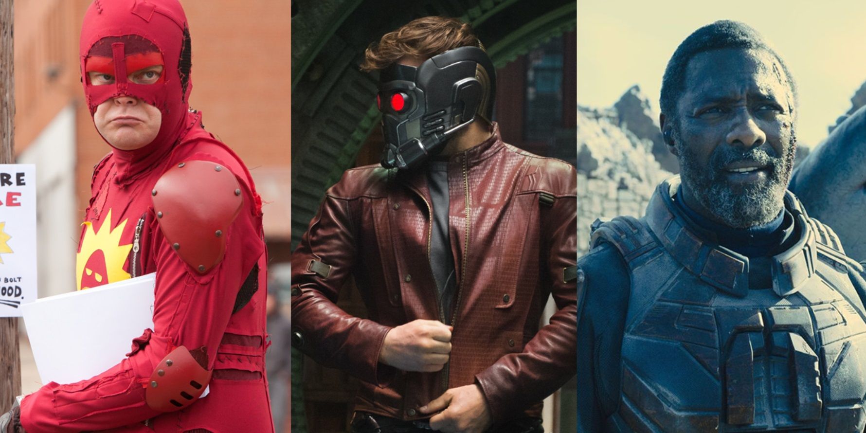 Split image of Rainn Wilson in Super, Chris Pratt in Guardians of the Galaxy, and Idris Elba in The Suicide Squad